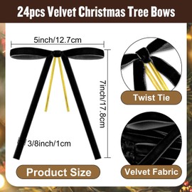 24 Pcs Black Velvet Bows for Christmas Tree Decor, Elegant Velvet Pre-Tied Ribbon Bows Door Garland Vintage Ornaments for Christmas, Wreaths, Gifts and Home Decoration (5x7 Inch, 3/8'' Wide)
