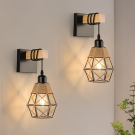FORCOSO FORCOSO Wall Lights Indoor 2-Pack, Vintage Wood Wall Lamp Black, E27 Sconce Lights, Industrial Lights Fittings, Rustic Rope Lighting Fixtures Living Room Bedrooms Hallway