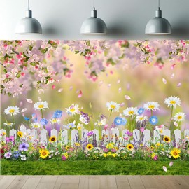 7x5ft Spring Easter Garden Photography Backdrop Grass Lawn Pink Floral Butterfly Fence Background Baby Shower Birthday Party Backgrounds 060