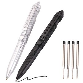 2 Pack Military Tactical Pen Set with 6 Black Ballpoint Refills for Writing, Made of Tungsten Steel & Aluminum (Black & Silver)