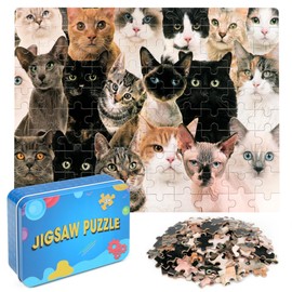 LELEMON 100 Pieces Cute Cats Jigsaw Puzzle for Kids Ages 4-8 Multicolor Cats Puzzles in a Metal Box Children Girls Boys Learning Educational Puzzles Toys
