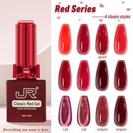 JR 12pcs 12ml Gel Polish Red Series Includes Cat Eye Glitter Pearl Salon-Quality Long-Lasting, Chip-Resistant Gel Polish Kit for DIY&Professionals