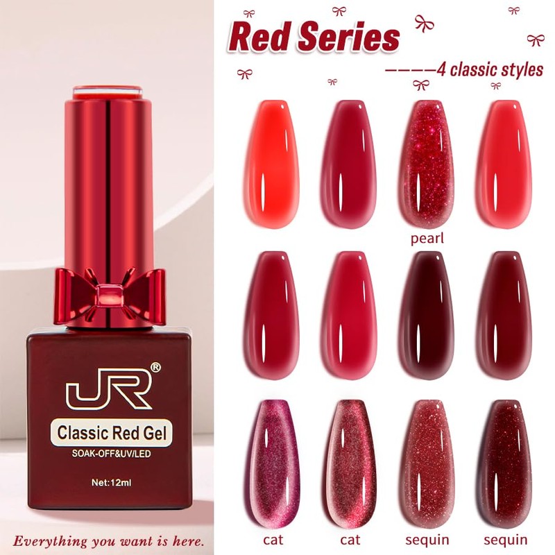 JR 12pcs 12ml Gel Polish Red Series Includes Cat Eye