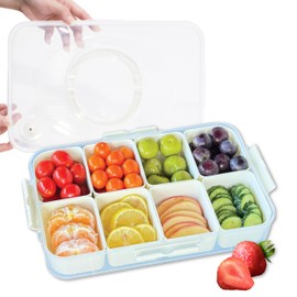 LSHAUS Divided Serving Tray with Lid and Handle - Dishwasher and Microwave Safe, Portable Snack Platters, Reusable Veggie Tray 8 Compartment, Clear Organizer for Candy Fruits Nuts, Snackle Box