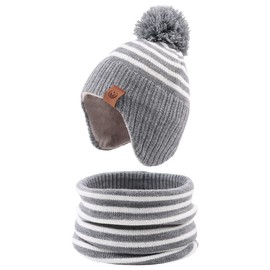 XIAOHAWANG Baby Winter Classic Children's Hat Girls Boys Warm Knitted Hat with Pompom Toddler Bobble Hat for Outdoor Activities, Grey (hat + scarf)