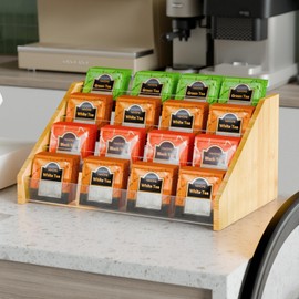 NiHome 4-Layer Tea Bag Organizer, Large Capacity Bamboo & Acrylic Tea Storage Holder Organizer, 4-Tier Design Offering Quick and Easy Access, Clear Plastic Dividers, Easy Tool-Free Assembly