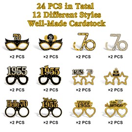 Turypaty 24Pcs 1955 70th Birthday Paper Glasses Decorations for Men Women - Black Gold Happy 70th Birthday Paper Eyeglasses Photo Props, Vintage 1955 Seventy Years Old Birthday Party Supplies