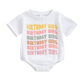 Kayotuas Baby 1st Birthday Outfit Boy Girl Birthday Bubble Romper Cute Birthday Girl White Tshirt Onesie Short Sleeve Bodysuit Top (Birthday Girl White, 6-12 Months)