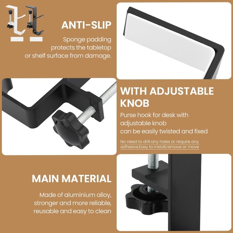 Mijradge Desk Mount Bag Holder Hook Clamp, 2-Pack, White+Black, Aluminium,