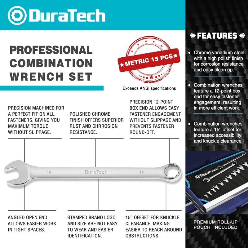 DURATECH Combination Wrench Set, Metric, 15-Piece, 8, 9, 10, 11,