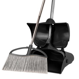 Long Handle Heavy Duty Broom and Dustpan Set, Outdoor and Commercial Upright Dustpan and Brush for Restaurant Garage Garden Yard Office,Black