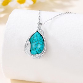 Natural Turquoise Necklace for Women 925 Sterling Silver Leaf and Teardrop Pendant with Genuine Turquoise Jewelry Gifts, Sterling Silver, Turquoise