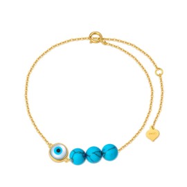 14K Solid Gold Evil Eye Bracelet with Turquoises for Women,14kt Yellow Gold Blue Evil Eye Good Luck Protection Bracelets Fine Jewelry Gifts for Her,6.5+1+1 inch