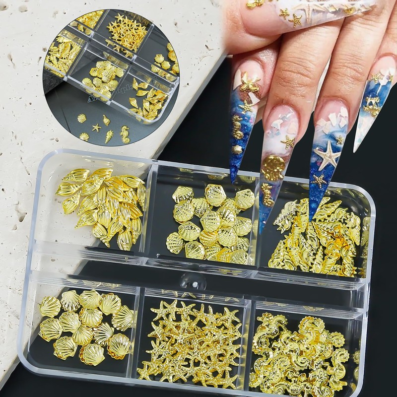 6 Grids Ocean Style Nail Charms and Gems Gold Conch