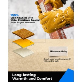 Toolant Guantes de trabajo de invierno de cuero para hombre, 100% cuero de grano de vaca con resistencia al agua, forro Thinsulate cálido, fáciles de combinar y usar, guantes aislantes duraderos para
