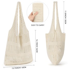 WantGor Crochet Bags, Beach Mesh Tote Bag Womens Shoulder Shopping Handbag Casual Travel Totes Bag Foldable Hobo Bags (Cream White)