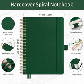 EMSHOI B5 Dotted Notebook, Spiral Notepad 150 Sheets/300 Pages, 100gsm, HardCover, Stencils, Pocket, Pen Loop, Ruler, Bookmark, Bullet Dot Grid Journal for Women Men Writing, 19 x 25.8cm, Green