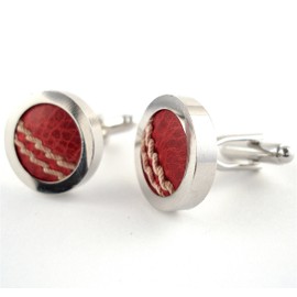 Cricket Ball Cufflinks and Tie Slide Set Hand Cut from a Real Cricket Ball - 3rd anniversary gift - leather *