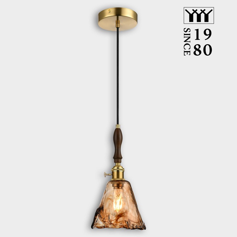 LUXWELL Modern Amber Glass Pendant Light, 6"x11.5" Floral Bell-Shaped Hanging