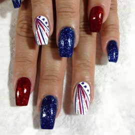 4th of July Press on Nails Medium Square Fake Nails Red Blue Glitter False Nails with Line Star Design Full Cover Glossy Glue on Nails Patriotic Acrylic Nails Independence Day Stick on Nails for Women