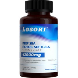 Losoki Deep Sea Fish Oil - 1000 mg EPA & DHA, Omega-3 Fatty Acids, Wild Caught Fish, Premium Burpless Softgel Supplements - 60 ct