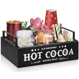 Hot Chocolate Bar Organizer with Handle, Farmhouse Hot Bar Supplies for Chocolate Maker, Countertop Wood Coffee Station Organizer Decorative Storage Bins, Cocoa Lovers Gift