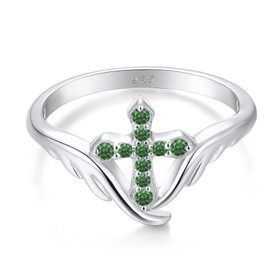 STARCHENIE Cross Ring 925 Sterling Silver Angel Wings Ring for Women May Emerald Size9