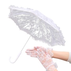 Solnique Mini White Lace Parasol with Floral Gloves for Wedding Flower Girls, Small Vintage Bridal Umbrella for Kids, Decorative Lace Umbrella for Tea Party Photo Props