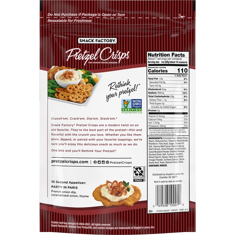 Snack Factory Pretzel Crisps Honey Mustard and Onion, 7.2 Oz