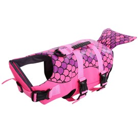 Queenmore Dog Life Jacket Ripstop Shark Dog Safety Vest Adjustable Preserver with High Buoyancy and Durable Rescue Handle for Small,Medium,Large Dogs, Pink Fish X-Large