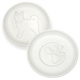 IPPINKA Hidden Painting Relief Soy Sauce Dish 2-Piece Set - Porcelain Seasoning Saucer - Sushi Dipping Plate - White - 3.5 x 3.5 in - Dog and Sleeping Cat
