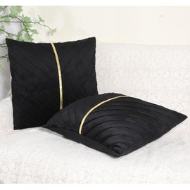 XIEJINJIA Set of 2 Velvet Cushion Cover with Gold Leather Pillowcase Farmhouse Throw Pillow Covers for Garden Couch Sofa Bed Living Room 45x45 cm 18x18 Black