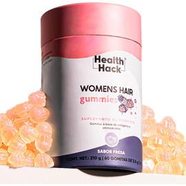 Gomitas de Colageno Hidrolizado Puro, Acido Hialuronico y Zinc sabor Fresa | 60 gomitas para 1 mes, con Ingredientes Naturales, Sin Azúcar | Health Hack - Suplemento para Cabello, Piel y Uñas