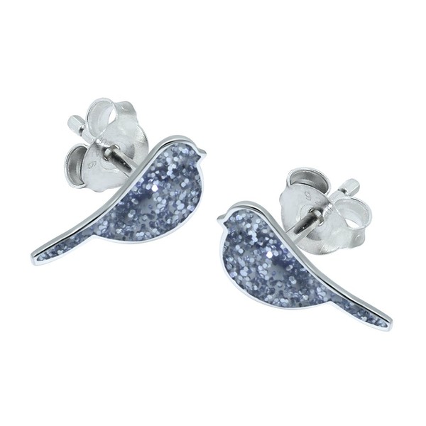 Bird Earrings with Sparkly Glitter Effect - 925 Sterling Silver