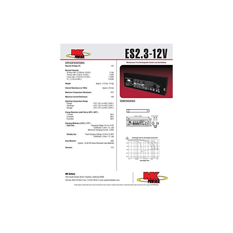 MK Battery ES2.3-12V Maintenance-Free Rechargeable Sealed Lead-Acid Battery