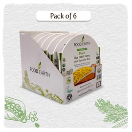 Food Earth Ready to Eat Indian Cuisine - Five Lentil Curry with Turmeric Rice - Microwavable, Pre-packaged & Lunchable- Organic, Vegan, Gluten-Free, GMO-Free, Plant-Based - 10.58 oz each - Pack of 6