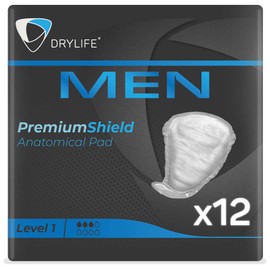 Drylife Men Level 1 Premium Shield Incontinence Pads for Bladder Weakness | Ultra Protection, Discreet Male Design & Active Odour Control for Men (1 Pack of 12)