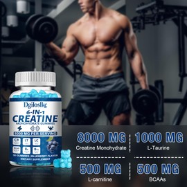 Dgiloslkc 1 Pack 8000MG Creatine Monohydrate Gummies with 500mg BCAAs for Men & Women, L-Taurine, Vitamin B6 12, Workout Gym Support for Performance and Muscle Power, Powder Tablets Blueberry, 90ct