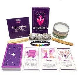 Positive Intentions Gift Set for Women and Men, Stress Relief Gift Set with Positive Affirmations Cards, California White Sage, Palo Santo, Candle and Chakra Bracelet