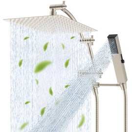 Hibbent All Metal CUPC Certified 12'' Rainfall Shower Head, Dual Shower Head Combo, High Pressure Handheld 4 Sprays Shower Wand, 16'' Adjustable Extension Arm, 71'' Hose, Shower Holder, Brushed Nickel