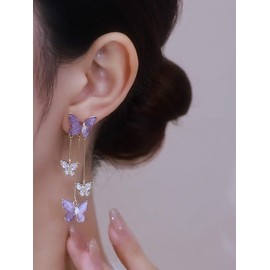 Cute Earrings Purple Butterfly Earrings for Women Gifts Trendy Stuff Crystal Zircon Butterfly Tassel Dangle Purple Earrings Wedding Jewelry Gifts Purple Dress for Woman Outfits