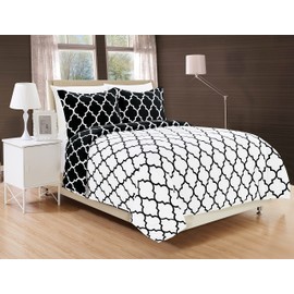 Elegant Comfort Goose Down Alternative Reversible 3-Piece Comforter Set - Breathable and Super Soft All Season Reversible Quatrefoil Pattern Comforter Set with 2 Shams,Twin/Twin XL, Black/White