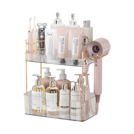 shuang qing Bathroom Counter Organizer with Hair Dryer Holder, Hair Tool Countertop Storage, Cosmetics Skincare Shelf Organizer, Makeup Organizer Perfume for Dresser Vanity Tray(2 Tier-White)