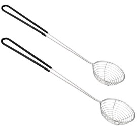 2Pcs Stainless Steel Hot Pot Strainer Spoons, 2 Sizes Fatsoff Soup Scoop Boba Spoon Scoop with Handle Ladle Wire Cooking Spider Skimmer Spoon for Hot Pot, Kitchen, Meatball, Oil Filter Black