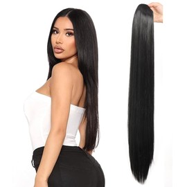 26 Inch Long Straight Drawstring Ponytail,Synthetic Hairpieces,Long Wrap Around Ponytail, Fake Pony Tails Natural Soft Clip, Synthetic Clip in Pony Tail Hair Extensions, for Women (Natural Black)