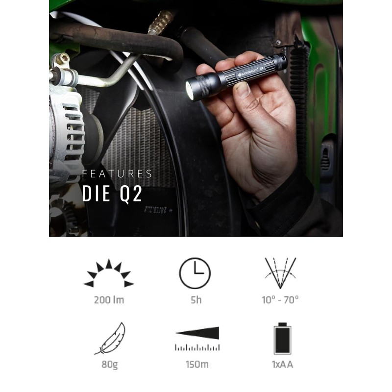Suprabeam Q2 LED Flashlight, IPx4 Splashproof, Sliding Hyperfocus, Made of