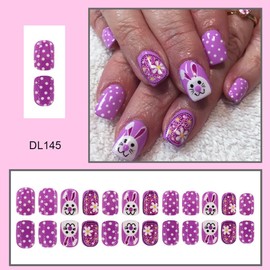 Easter Press on Nails Short Square Fake Nails with White Polka Dot Flower Design Cute Rabbit Nails Press ons Purple Full Cover False Nails Glossy Glue on Nails Easter Stick on Nails for Women 24Pcs