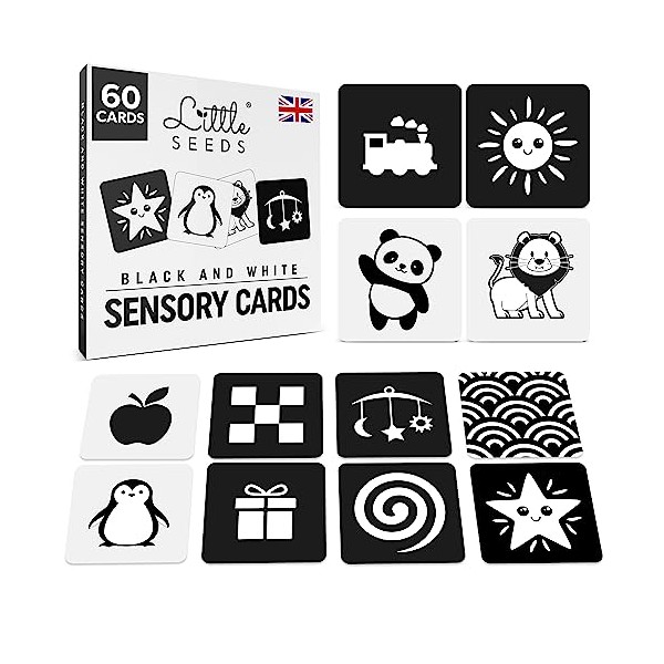Newborn Essentials Baby Sensory Cards 60 Black and White High Contrast Baby Flash Cards Visual Stimulation for Newborn Babies 0-3 Months - UK Brand