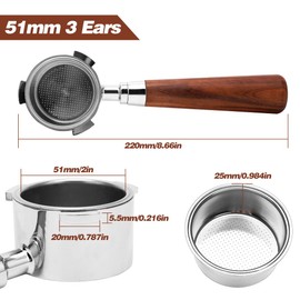 MIUUIPI Bottomless Portafilter 51 mm Compatible with DeLonghi Dedica EC680/EC685/EC885 Espresso Coffee Espresso Machines, Coffee Portafilter with 3 Ears and Wooden Handle, Stainless Steel Filter