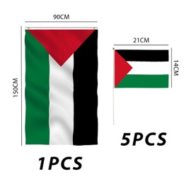 1 Palestinian Flag (90 x 150 cm), 5 Hand Waving Palestinian Flags (14 x 21 cm), Palestinian Memorial Banner for Sports, Celebrations, Events